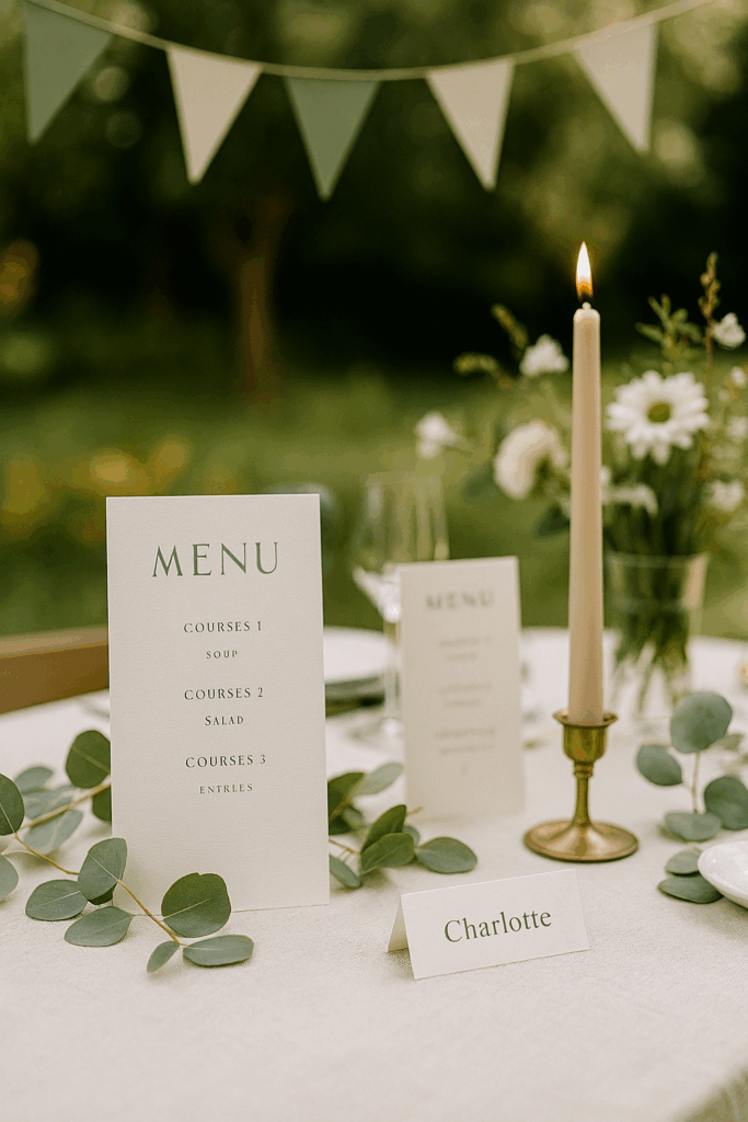 Créations visuelles personnalisées pour mariage, faire-part, menus, marque place